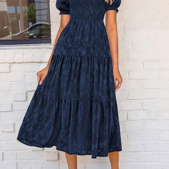 Women's 2025 Summer Casual Midi Dresses Square Neck Short Sleeve Smocked A Line - Picture 4 of 6